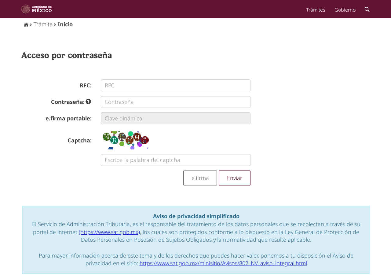 Pantalla «Acceso por contraseña» del SAT al abrir el servicio de consulta de facturas: campos RFC, Contraseña, e.firma portable y captcha, y botones e.firma y Enviar, vacíos
