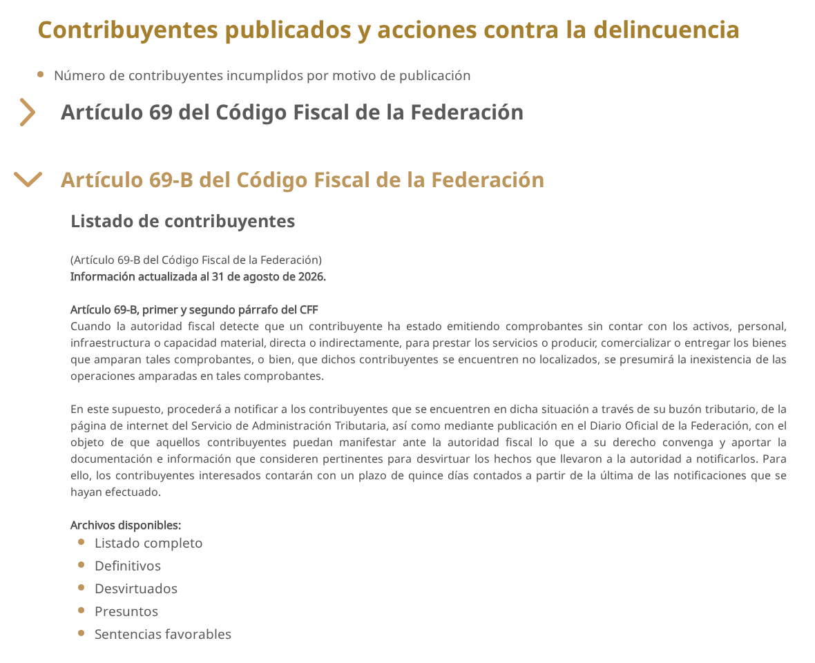 Página «Contribuyentes publicados» de Datos Abiertos del SAT con el apartado del artículo 69-B abierto: información actualizada al 31 de agosto de 2026 y archivos Listado completo, Definitivos, Desvirtuados, Presuntos y Sentencias favorables