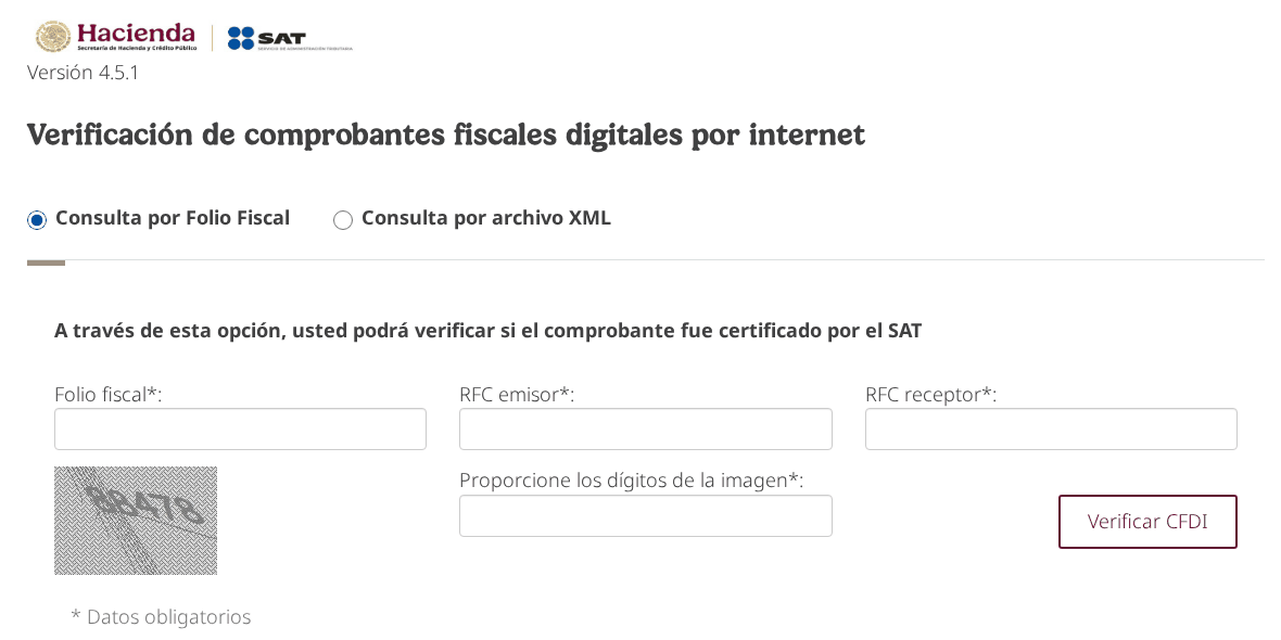 Verificador de CFDI del SAT, versión 4.5.1, en la pestaña «Consulta por Folio Fiscal», con los campos Folio fiscal, RFC emisor, RFC receptor y el captcha vacíos, y el botón «Verificar CFDI»