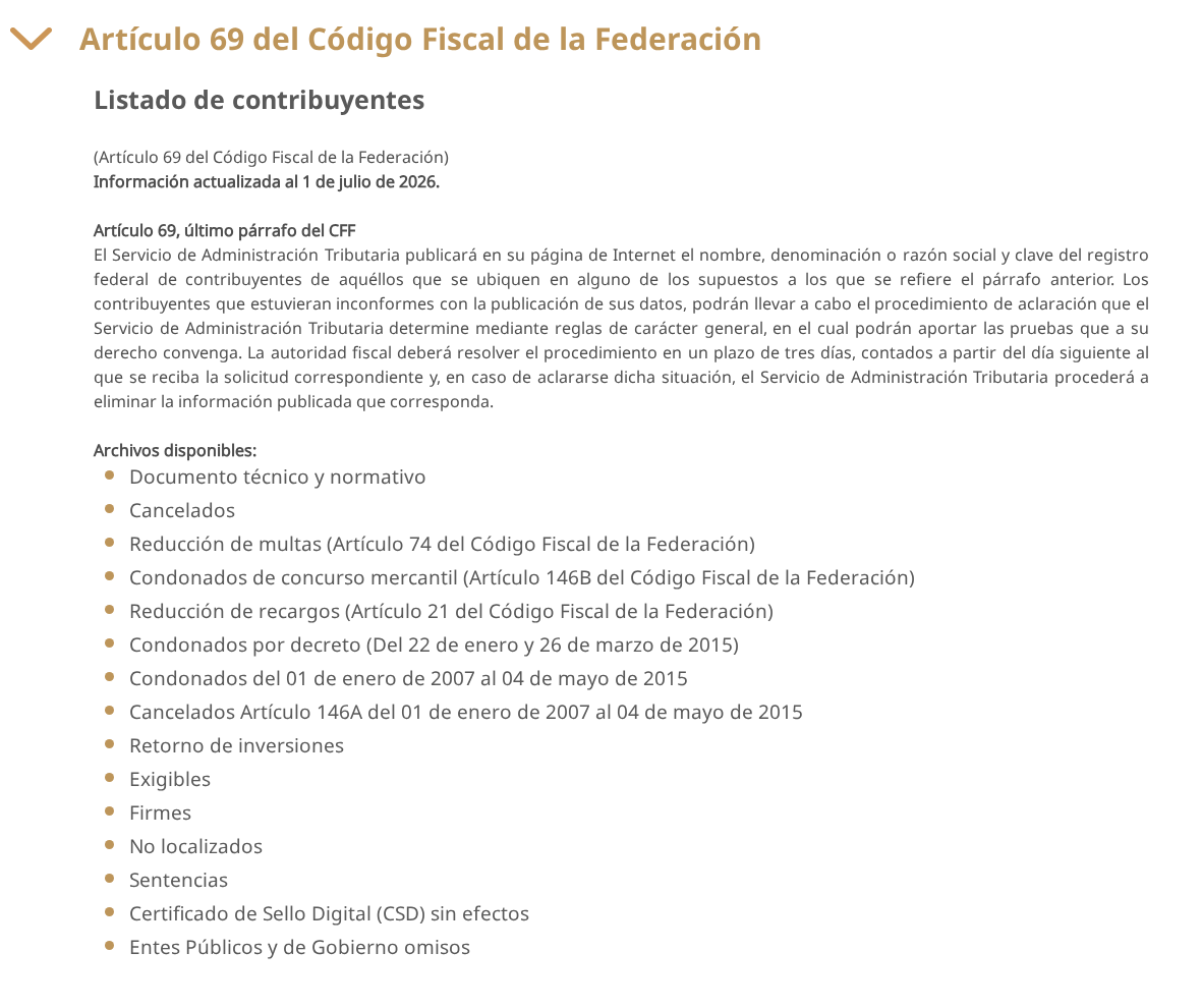 Apartado «Artículo 69 del Código Fiscal de la Federación» de Datos Abiertos del SAT, con información actualizada al 1 de julio de 2026 y los archivos Cancelados, Exigibles, Firmes, No localizados, Sentencias, Certificado de Sello Digital (CSD) sin efectos y otros