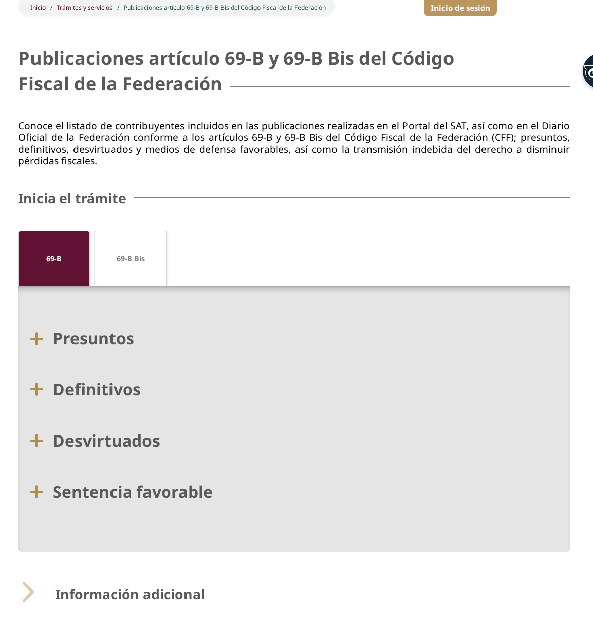 Página del Portal del SAT «Publicaciones artículo 69-B y 69-B Bis del Código Fiscal de la Federación», con la pestaña 69-B abierta y los apartados Presuntos, Definitivos, Desvirtuados y Sentencia favorable