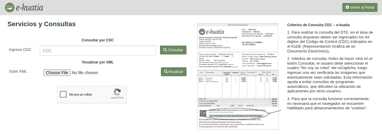 Formulario de la consulta pública de e-Kuatia con el campo «Ingrese CDC» vacío, el botón «Consultar», la opción «Visualizar por XML», la casilla «No soy un robot» y un KuDE de ejemplo de la DNIT con el CDC señalado